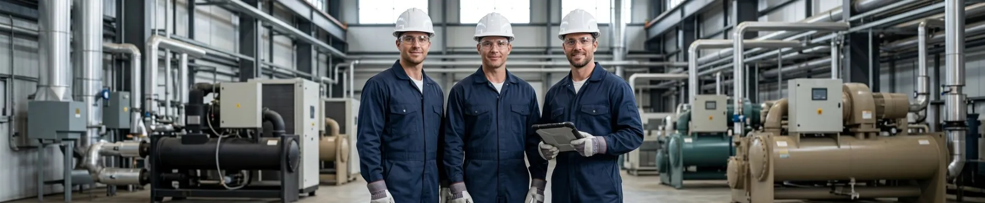 Equipe técnica da Dancold em casa de máquinas com chillers